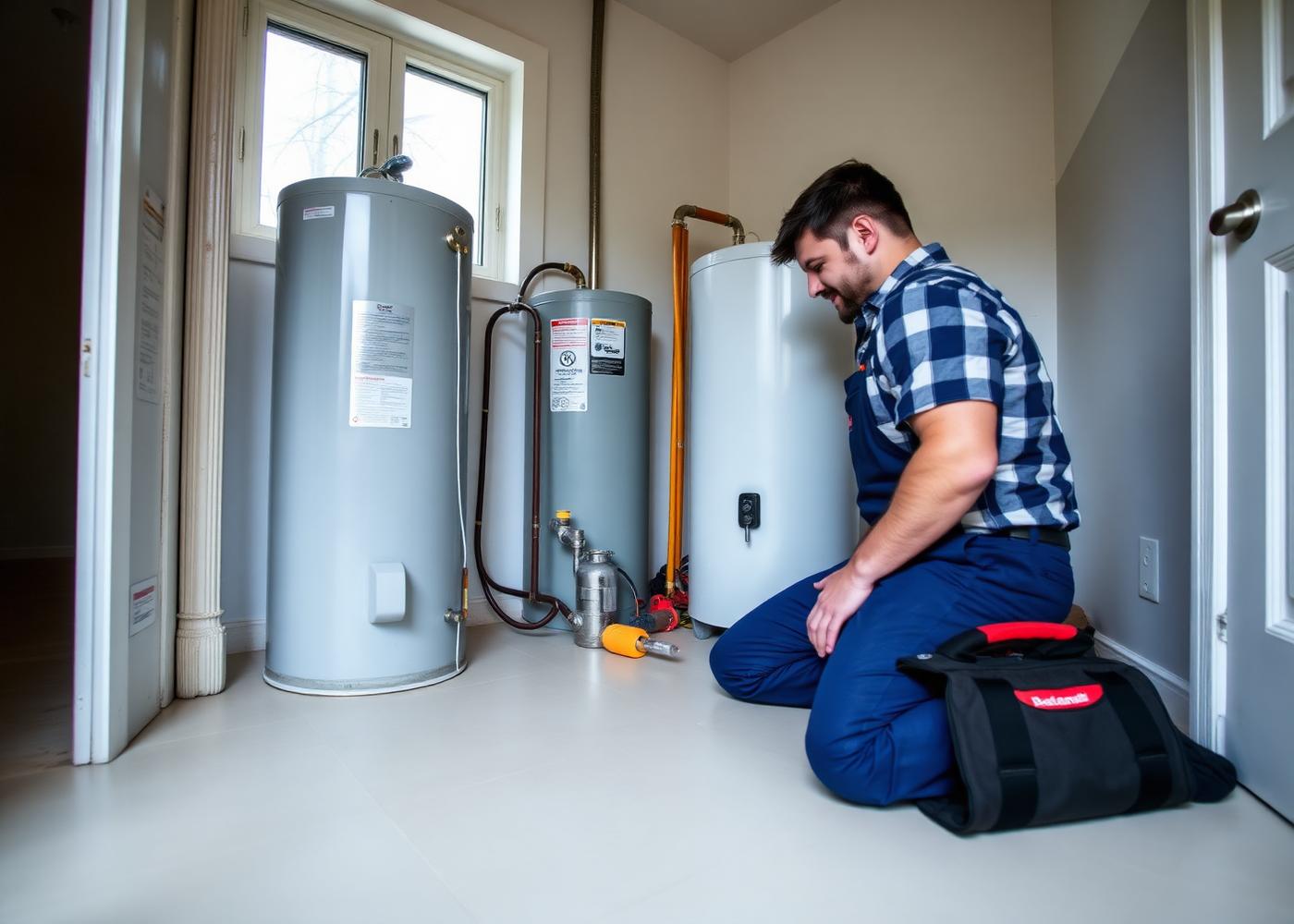 Plumber servicing a water heater in a customer's home